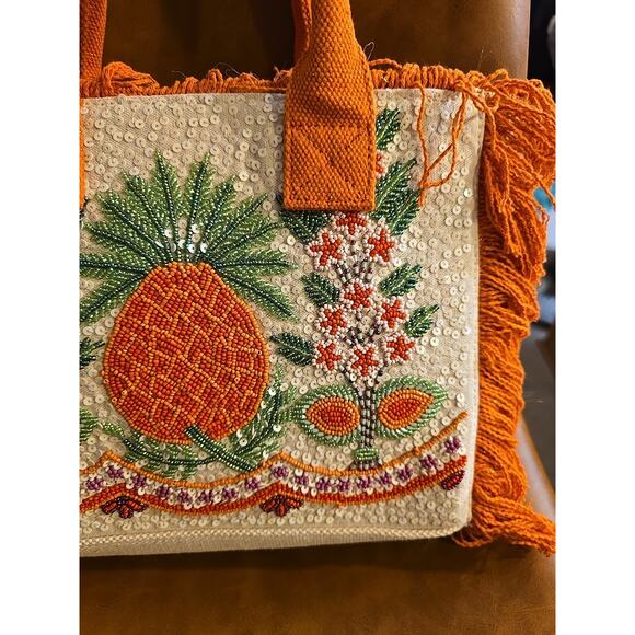 NWT America & Beyond Orange Viral Beaded Fringe Fiesta Pineapple Bag Purse - Picture 4 of 10